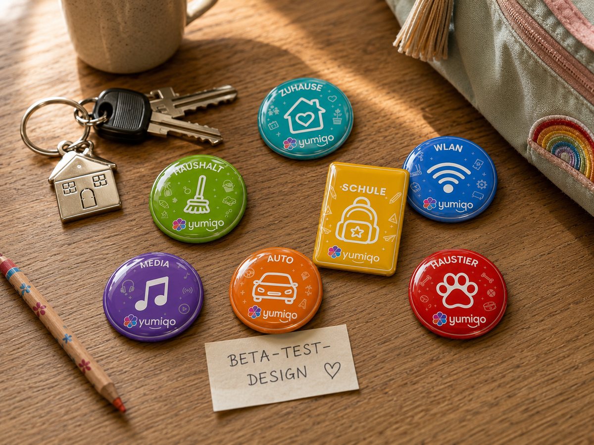 Sieben Yumiqo-Sticker in verschiedenen Farben auf einem Holztisch – Zuhause, Haushalt, Schule, WLAN, Media, Auto und Haustier – daneben Schlüssel, Rucksack und Stift.